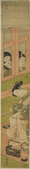 Courtesan Writing a Letter as Two Men Watch through a Window Lattice, c. 1769/70, Suzuki Harunobu ?? ??, Japanese, 1725 (?)-1770, Japan, Color woodblock print, hashira-e, 27 3/8 x 4 3/4 in.