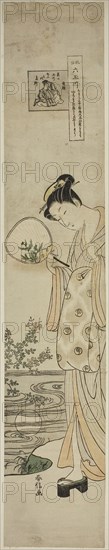 The Jewel River of Bush Clovers (Hagi no Tamagawa), from the series Six Jewel Rivers in Popular Customs (Fuzoku Mu Tamagawa), c. 1769/70, Suzuki Harunobu ?? ??, Japanese, 1725 (?)-1770, Japan, Color woodblock print, hashira-e, 27 3/8 x 5 in.