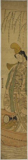 Shirabyoshi Dancer Standing in Asazuma Boat, c. 1767, Suzuki Harunobu ?? ??, Japanese, 1725 (?)-1770, Japan, Color woodblock print, hashira-e, 28 1/4 x 4 3/4 in.