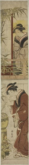 Courtesan Washing her Hands, c. 1784, Torii Kiyonaga, Japanese, 1752-1815, Japan, Color woodblock print, hashira-e, 69.8 x 11.9 cm
