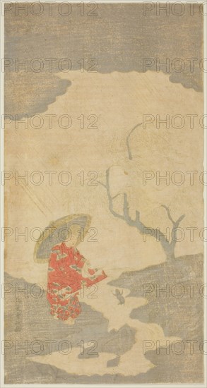 Ono no Tofu Watching a Leaping Frog, early 1760s, Kitao Shigemasa, Japanese, 1739-1820, Japan, Color woodblock print, hosoban, mizu-e, 11 7/8 x 5 3/4 in.