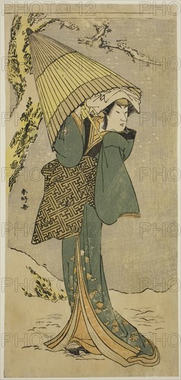 The Actor Nakamura Riko I as Kiyotaki in the Play Oakinai Hiru ga Kojima, Performed at the Nakamura Theater in the Eleventh Month, 1784, c. 1784, Katsukawa Shunko I, Japanese, 1743-1812, Japan, Color woodblock print, hosoban, left sheet of diptych, 32.3 x 15 cm (12 11/16 x 5 7/8 in.)