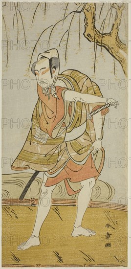 The Actor Ichikawa Yaozo II as Hiranoya Tokubei (?) in the Play Wada Sakamori Eiga Kagami (?), Performed at the Nakamura Theater (?) in the Third Month, 1773 (?), c. 1773, Katsukawa Shunsho ?? ??, Japanese, 1726-1792, Japan, Color woodblock print, hosoban, right sheet of diptych (?), 29.7 x 14.2 cm (11 11/16 x 5 9/16 in.)