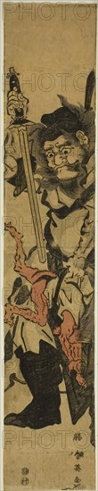 Shoki the Demon Queller, c. 1793, Katsukawa Shun’ei, Japanese, 1762-1819, Japan, Color woodblock print, hashira-e, 62 x 12.1cm (24 3/8 x 4 3/4 in.)