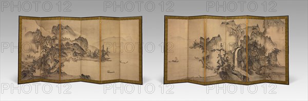 Landscape of the Four Seasons, About 1560, Sesson Shukei, Japanese, c. 1490-after 1577, Japan, Pair of six-panel screens, ink and light color on paper, Each: 174.2 x 357.2 cm
