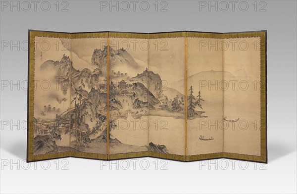 Landscape of the Four Seasons, c. 1560, Sesson Shukei, Japanese, c. 1490-after 1577, Japan, Six-panel screen (one of a pair), ink and light colors on paper, 156.5 cm x 337 cm