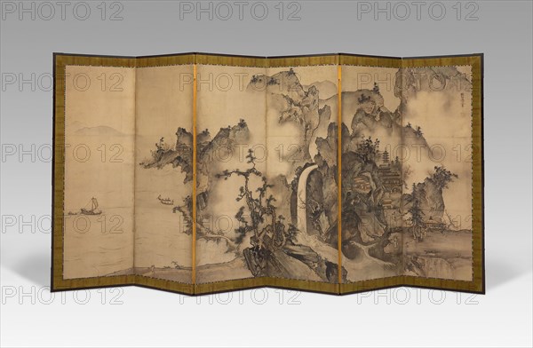Landscape of the Four Seasons, c. 1560, Sesson Shukei c. 1490-after 1577, Japanese, Japan, Six-panel screen (one of a pair), ink and light colors on paper, 156.5 x 337 cm