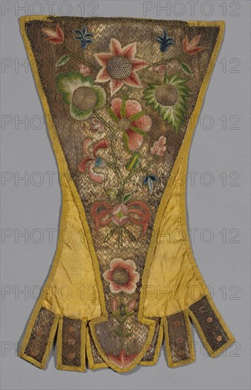 Stomacher, 17th century, England, Silk, weft-faced plain weave, embroidered with silk and metal threads in couched, satin and outline stitches, 35.4 × 21.5 cm (13 7/8 × 8 1/2 in.)