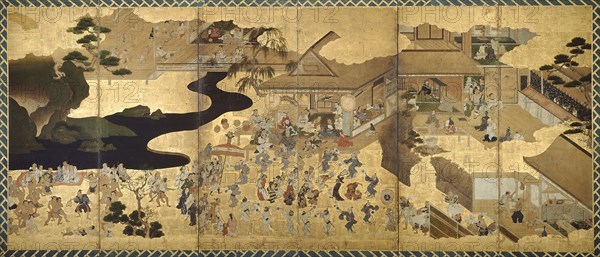 Genre Scenes (Fuzoku byobu), About 1640, Japanese, Japan, Six-fold screen, ink, color, gold and silver on paper, 147.0 cm x 349.0 cm (painting)