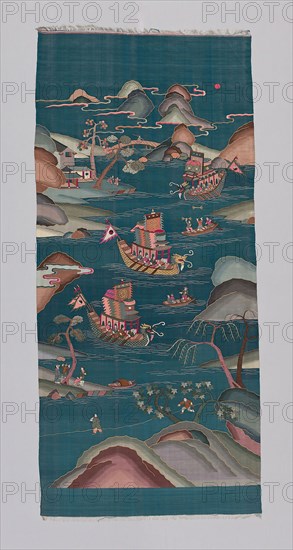 Panel (Furnishing Fabric), Qing dynasty (1644–1911), 1850/1900, Chinese, China, K'o-ssu panel with design of people in dragon boats, on blue ground, 183.5 × 83.3 cm (72 1/4 × 32 3/4 in.)