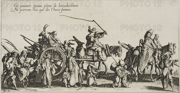 The Bohemians Marching: The Rear Guard, from The Bohemians, n.d., Jacques Callot, French, 1592-1635, France, Etching with burin on paper, 123 × 235 mm (image/sheet, cut within plate mark)