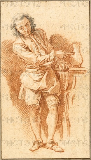Study of Valet with Coffee Pot, c. 1739, François Boucher, French, 1703-1770, France, Red chalk, with black chalk, and touches of graphite, heightened with white chalk, on buff laid paper, 346 × 195 mm