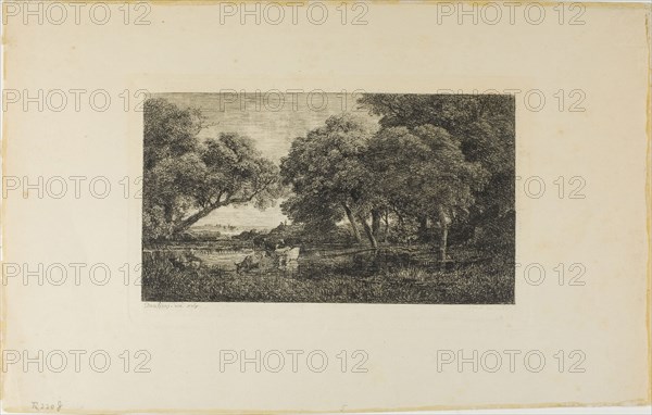 Cattle by a Pool, c. 1850, Charles François Daubigny, French, 1817-1878, France, Etching on cream wove paper, 127 × 226 mm (image), 151 × 242 mm (plate), 252 × 394 mm (sheet)