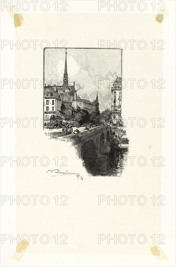 Le Pont Saint-Michel, plate twelve from Le Long de la Seine et des Boulevards, 1890, published 1910, Louis Auguste Lepère (French, 1849-1918), published by A. Desmoulins (French, active c. 1908-1910), France, Wood engraving in black on cream Japanese tissue, 121 × 82 mm (image), 229 × 140 mm (sheet)