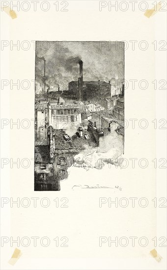 Quartier des Gobelins, plate 20 from Le Long de la Seine et des Boulevards, 1889, published 1910, Louis Auguste Lepère (French, 1849-1918), published by A. Desmoulins (French, active c. 1908-1910), France, Wood engraving in black on cream Japanese tissue, 184 × 110 mm (image), 306 × 180 mm (sheet)