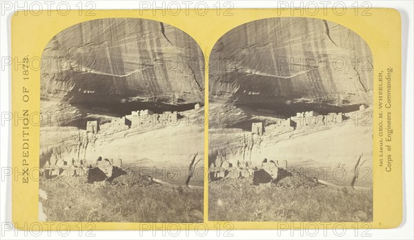 Ruins in Cañon de Chelle, N. M., in a cavity in the wall, 60 feet above present bed of Cañon. Height of walls about 700 feet. The present race of Indians know nothing of the age of these buildings of who occupied them, 1873, Timothy O’Sullivan (American, born Ireland, 1840–1882), commissioned by George Wheeler for the War Department, Corps of Engineers, U.S. Army, United States, Albumen print, stereo, No. 21 from the series Geographical Explorations and Surveys West of the 100th Meridian