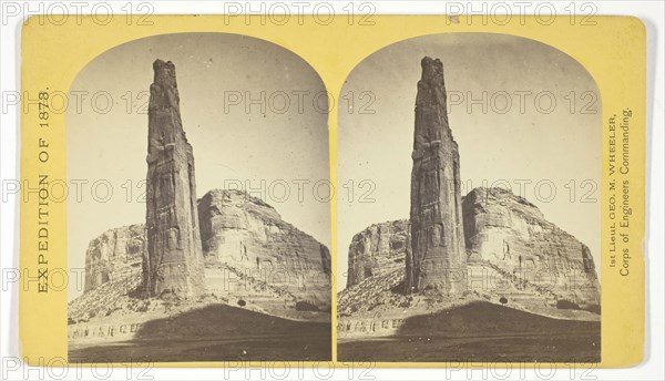 Explorers Column, Cañon de Chelle, Arizona. This shaft is the work of nature, and is about 900 feet in height, base about 70 by 110 feet. It stands near the center of the Cañon, and it is almost impossible to believe that it is not the work of human hands, 1873, Timothy O’Sullivan (American, born Ireland, 1840–1882), commissioned by George Wheeler for the War Department, Corps of Engineers, U.S. Army, United States, Albumen print, stereo, No. 23 from the series Geographical Explorations and Surveys West of the 100th Meridian