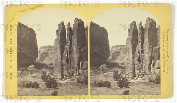 Camp Beauty, Canñon de Chelle, walls 1.200 feet high, width of Cañon at this point about one fourth of a mile. This view shows the perpendicular effect wrought by the action of floods. The Artist of the Expedition, Mr. Wyant, of New York, made a study of this scene with the intention to paint it as a characteristic Canon view, 1873, Timothy O’Sullivan (American, born Ireland, 1840–1882), commissioned by George Wheeler for the War Department, Corps of Engineers, U.S. Army, United States, Albumen print, stereo, No. 25 from the series Geographical Explorations and Surveys West of the 100th Meridian
