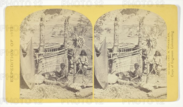 Aboriginal life among the Navajo Indians, Cañon de Chelle, New Mexico. Squaw weaving blankets. The native loom. The blankets made are of the best quality, and impervious to water, 1873, Timothy O’Sullivan (American, born Ireland, 1840–1882), commissioned by George Wheeler for the War Department, Corps of Engineers, U.S. Army, United States, Albumen print, stereo, No. 26 from the series Geographical Explorations and Surveys West of the 100th Meridian