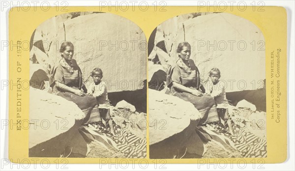 Navajo Indian Squaw, and Child, at their home, in Cañon de Chelle, 1873, Timothy O’Sullivan (American, born Ireland, 1840–1882), commissioned by George Wheeler for the War Department, Corps of Engineers, U.S. Army, United States, Albumen print, stereo, No. 27 from the series Geographical Explorations and Surveys West of the 100th Meridian