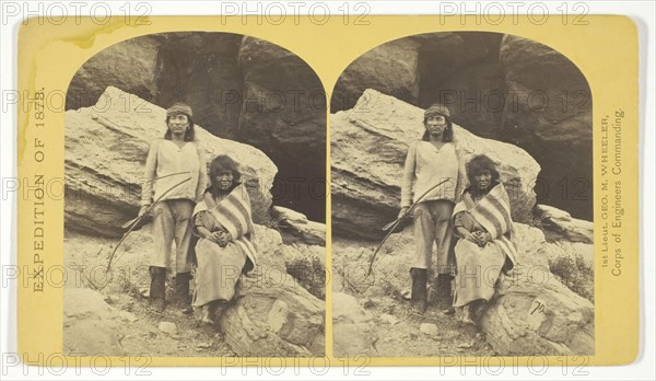 Navajo Brave and his Mother. The Navajo were formerly a warlike tribe until subdued by U.S. Troops, in 1859-60. Many of them now have fine flocks, and herds of horses, sheeps and goats, 1873, Timothy O’Sullivan (American, born Ireland, 1840–1882), commissioned by George Wheeler for the War Department, Corps of Engineers, U.S. Army, United States, Albumen print, stereo, No. 29 from the series "Geographical Explorations and Surveys West of the 100th Meridian