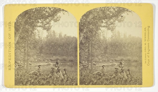 Coyotero Apache Scouts, at Apache Lake, Sierra Blanca Mountains, Arizona. Two members of the Expedition in the back-ground, 1873, Timothy O’Sullivan (American, born Ireland, 1840–1882), commissioned by George Wheeler for the War Department, Corps of Engineers, U.S. Army, United States, Albumen print, stereo, No. 31 from the series "Geographical Explorations and Surveys West of the 100th Meridian