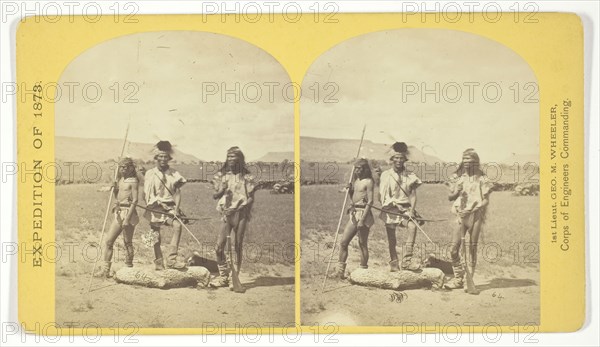 Apache Indians, as they appear ready for the war-path, 1873, Timothy O’Sullivan (American, born Ireland, 1840–1882), commissioned by George Wheeler for the War Department, Corps of Engineers, U.S. Army, United States, Albumen print, stereo, No. 33 from the series "Geographical Explorations and Surveys West of the 100th Meridian