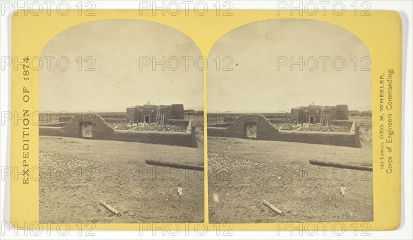 Roman Catholic Church, Plaza of Guadaloupe, Guadaloupe Co., Colorado. Built not many years since of adobes. Dimensions, length 120 feet, width 60 feet, height 25 feet. Grave yard in the foreground surrounded by an abode wall about 6 feet in height, 1874, Timothy O’Sullivan (American, born Ireland, 1840–1882), commissioned by George Wheeler for the War Department, Corps of Engineers, U.S. Army, United States, Albumen print, stereo, No. 34 from the series "Geographical Explorations and Surveys West of the 100th Meridian