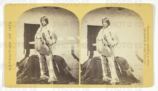 Shee-zah-nan-tan, Jicarilla Apache Brave in characteristic Costume, Northern New Mexico, 1874, Timothy O’Sullivan (American, born Ireland, 1840–1882), commissioned by George Wheeler for the War Department, Corps of Engineers, U.S. Army, United States, Albumen print, stereo, No. 42 from the series "Geographical Explorations and Surveys West of the 100th Meridian