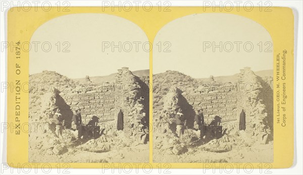 Characteristic ruin, of the Pueblo San Juan, New Mexico, on the north bank of the San Juan River, about 15 miles west of the mouth of Cañon Largo. The present race of Indians know nothing of when or by whom these buildings were constructed. The ruin is about 350 feet square, and built of natural stone, joined together by a mud cement., 1874, Timothy O’Sullivan (American, born Ireland, 1840–1882), commissioned by George Wheeler for the War Department, Corps of Engineers, U.S. Army, United States, Albumen print, stereo, No. 43 from the series Geographical Explorations and Surveys West of the 100th Meridian