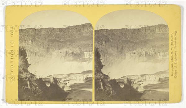 Shoshone Falls, Snake River, Idaho, Main Fall, 210 feet from upper to lower level, width of fall, 800 feet from upper to lower level, Height of Cañon wall at the falls, 1.000 feet. A number of minor falls, Islands, and boulder rocks above the main fall add beauty to the lonely majesty of this scene, 1874, Timothy O’Sullivan (American, born Ireland, 1840–1882), commissioned by George Wheeler for the War Department, Corps of Engineers, U.S. Army, United States, Albumen print, stereo, No. 48 from the series Geographical Explorations and Surveys West of the 100th Meridian
