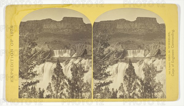Shoshone Falls, Snake River, Idaho, looking through the timber, and showing the main fall, and upper or Lace Falls, 1874, Timothy O’Sullivan (American, born Ireland, 1840–1882), commissioned by George Wheeler for the War Department, Corps of Engineers, U.S. Army, United States, Albumen print, stereo, No. 49 from the series "Geographical Explorations and Surveys West of the 100th Meridian