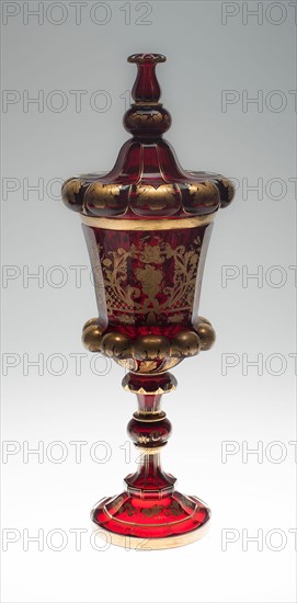 Covered Vase, Mid 19th century, Bohemia, Czech Republic, Bohemia, Glass, decorated with ruby flashing and painted gold scroll work, 57.2 × 20.3 cm (22 1/2 × 8 in.)