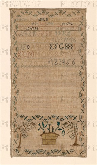 Sampler, 19th century, Ann Morris (American, active c. 19th century), United States, Linen, plain weave, embroidered with silk in chain, cross, eyelet, hem, satin and single satin stitches, 65 x 34 cm (25 5/8 x 13 3/8 in.)