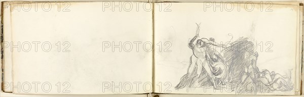 Sketchbook, c. 1793–94, George Romney, English, 1734-1802, England, Book with eleven graphite drawings on cream wove paper, bound in colored marble paperboard cover with brown leather spine and gold stamps, 150 × 245 × 8 mm (closed), 150 × 489 × 8 mm (open)