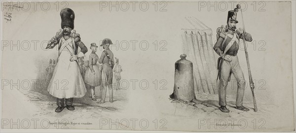 Military Costumes: Sapper (Fireman), Surgeon and Canteen Manager, Grenadier (Musketeer, Infantryman), n.d., Victor Adam, French, 1801-1866, France, Lithograph in black on cream wove paper, 109 × 231 mm (images), 118 × 263 mm (sheet)