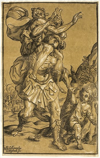 Aeneas Carrying His Father, Anchises, 1643, Ludolph Büsinck (German, 1599/1602–1669), after Georges Lallemand (French, 1575–1636), Germany, Chiaroscuro woodcut printed from two blocks (black line block and beige tone block) on ivory laid paper, 348 x 218 mm (border), 355 x 222 mm (sheet)
