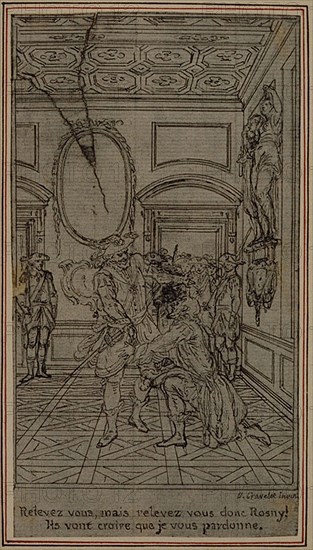 Study for Vignette-Frontispiece of Colle’s La Partie de Chasse de Henri IV, Act I, c. 1766, Hubert François Gravelot, French, 1699-1773, France, Pen and black ink, over traces of graphite, on gray laid paper, incised for transfer and perimeter mounted on cream laid paper, 138 × 76 mm