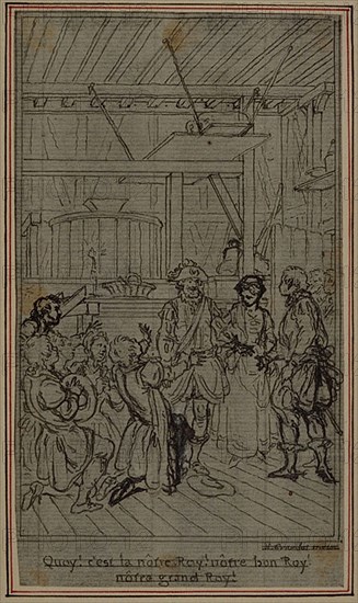 Study for Vignette-Frontispiece of Colle’s La Partie de Chasse de Henri IV, Act III, c. 1766, Hubert François Gravelot, French, 1699-1773, France, Pen and black ink, with graphite, on gray laid paper, incised for transfer and perimeter mounted on cream laid paper, 136 × 77 mm