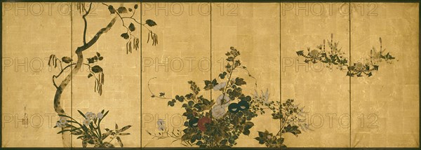 Flowers of Autumn and Winter, 19th century, Suzuki Kiitsu, Japanese, 1796-1858, Japan, Six panel screen, ink, colors and gold leaf on paper, 72.4 x 207.6 cm