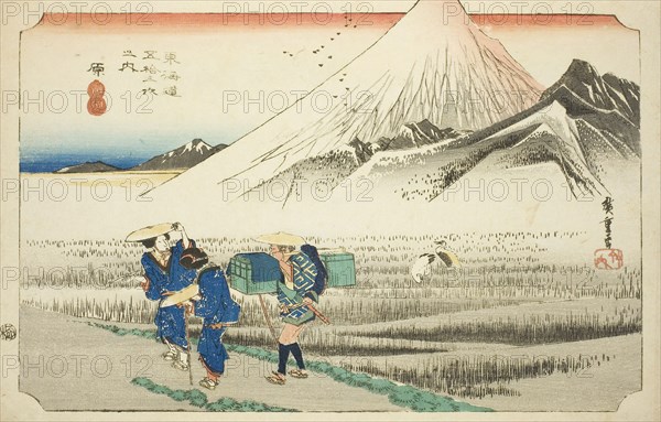 Hara: Mount Fuji in the Morning (Hara, asa no Fuji), from the series Fifty-three Stations of the Tokaido Road (Tokaido gojusan tsugi no uchi), also known as the Hoeido Tokaido, c. 1833/34, Utagawa Hiroshige ?? ??, Japanese, 1797-1858, Japan, Color woodblock print, oban, 25 x 37.9 cm (9 13/16 x 14 15/16 in.)