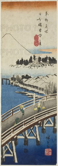 Nihon Bridge seen in the Snow (Nihonbashi setchu no kei), from the series Famous Views in the Eastern Capital (Toto meisho), 1837/38, Utagawa Hiroshige ?? ??, Japanese, 1797–1858, Japan, Color woodblock print, chu-tanzaku, 36.7 x 12.5 cm (14 7/16 x 4 15/16 in.)