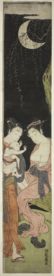 Young Couple with Infant Son on a Moonlit Night, c. 1770, Isoda Koryusai, Japanese, 1735-1790, Japan, Color woodblock print, hashira-e, 27 x 5 3/4 in.
