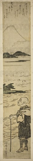 Priest Saigyo Contemplating Mount Fuji, c. 1770s, Kitao Shigemasa, Japanese, 1739-1820, Japan, Color woodblock print, hashira-e