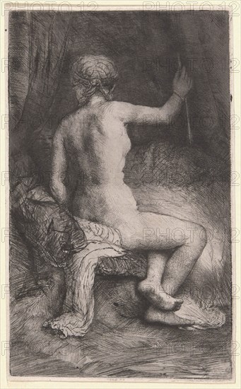 Woman with the Arrow, 1661, Rembrandt van Rijn, Dutch, 1606-1669, Holland, Etching, drypoint and burin on white  laid paper, 205 x 124 mm (image/plate), 209 x 128 mm (sheet)