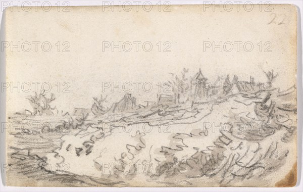 Village on Sunny Hillside, 1650–51, Jan van Goyen, Dutch, 1596-1656, Netherlands, Black chalk, with brush and gray wash, on ivory laid paper, 98 x 157 mm