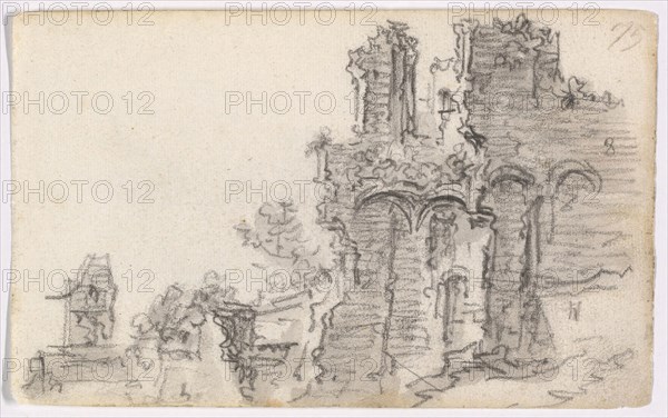 A Romanesque Ruin, 1650–51, Jan van Goyen, Dutch, 1596-1656, Netherlands, Black chalk, with brush and gray wash, on ivory laid paper, 98 x 158 mm