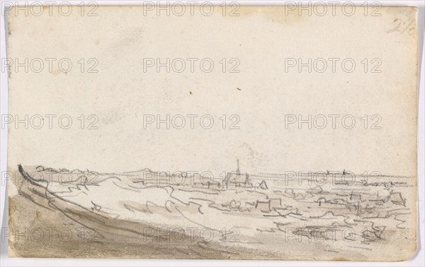Panorama, 1650–51, Jan van Goyen, Dutch, 1596-1656, Netherlands, Black chalk, with brush and brown wash, on ivory laid paper, 98 x 157 mm