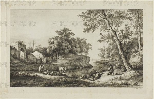 Rustic Landscape in Ambronay, 1796, Jean Jacques de Boissieu, French, 1736-1810, France, Etching on paper, 192 × 328 mm (image), 218 × 344 mm (plate), 240 × 374 mm (primary support), 268 × 406 mm (secondary support)