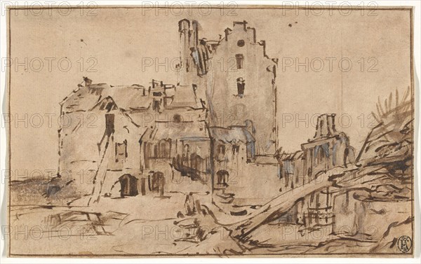 Kostverloren Castle in Decay, c. 1652, Rembrandt van Rijn, Dutch, 1606-1669, Holland, Pen and brown ink, with brush and brown wash, heightened with touches of opaque white watercolor, on cream laid paper, 109 x 175 mm